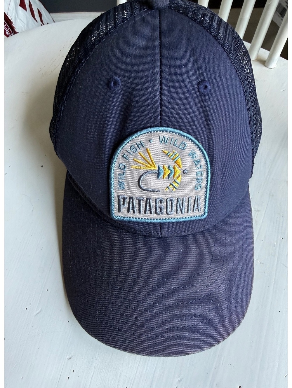Patagonia Wild Fish Wild Waters Navy Blue Mesh Back Trucker Hat
